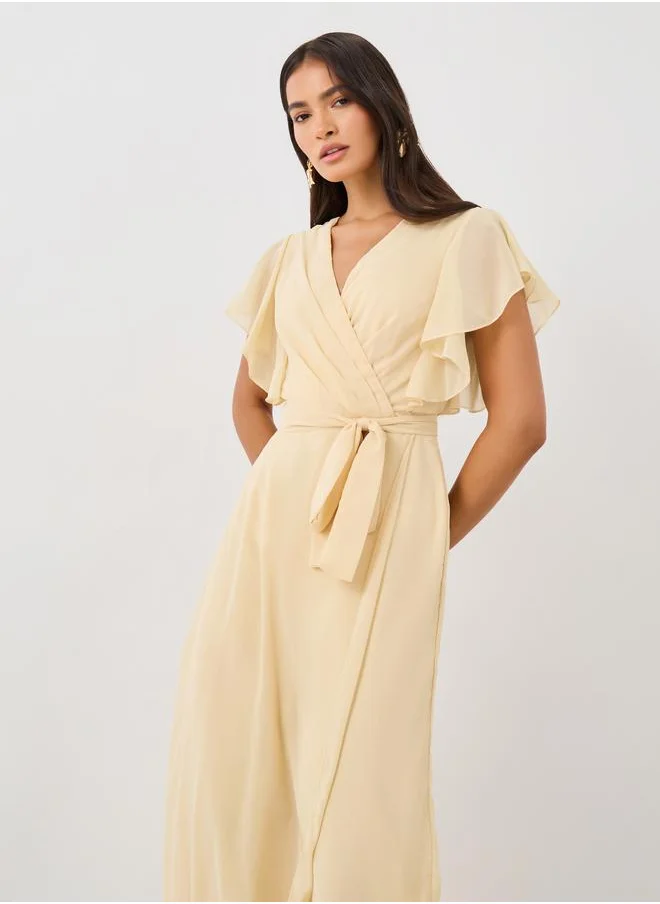 Styli Styli Ruffled Sleeve V-Neck Wide Leg Jumpsuit