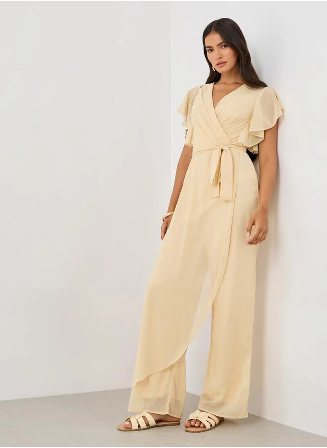 Styli Styli Ruffled Sleeve V-Neck Wide Leg Jumpsuit