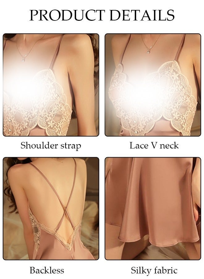 DUNISO Women's Sleeveless Nightgown Sweet Silk Night Dress Lace V neck Pajama Dress Sleepwear Girls Comfortable Nightwear Summer Home Wear Lounge Dress - Image 3