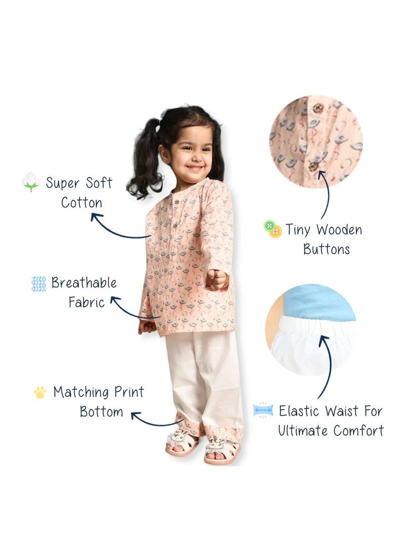 Polka Tots Polka Tots Full Sleeves Night Wear Fauna Kurta Pyjama - Peach  - Image 5