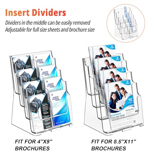FUCDTEFC Acrylic Brochure Holder 8.5x11 & 4 x9 Inches, Clear 4 Tier Magazine Holder Brochure Display Stand w Removable Divider, Literature Pamphlet Flyer Holder for Wall Mount or Countertop - Image 3