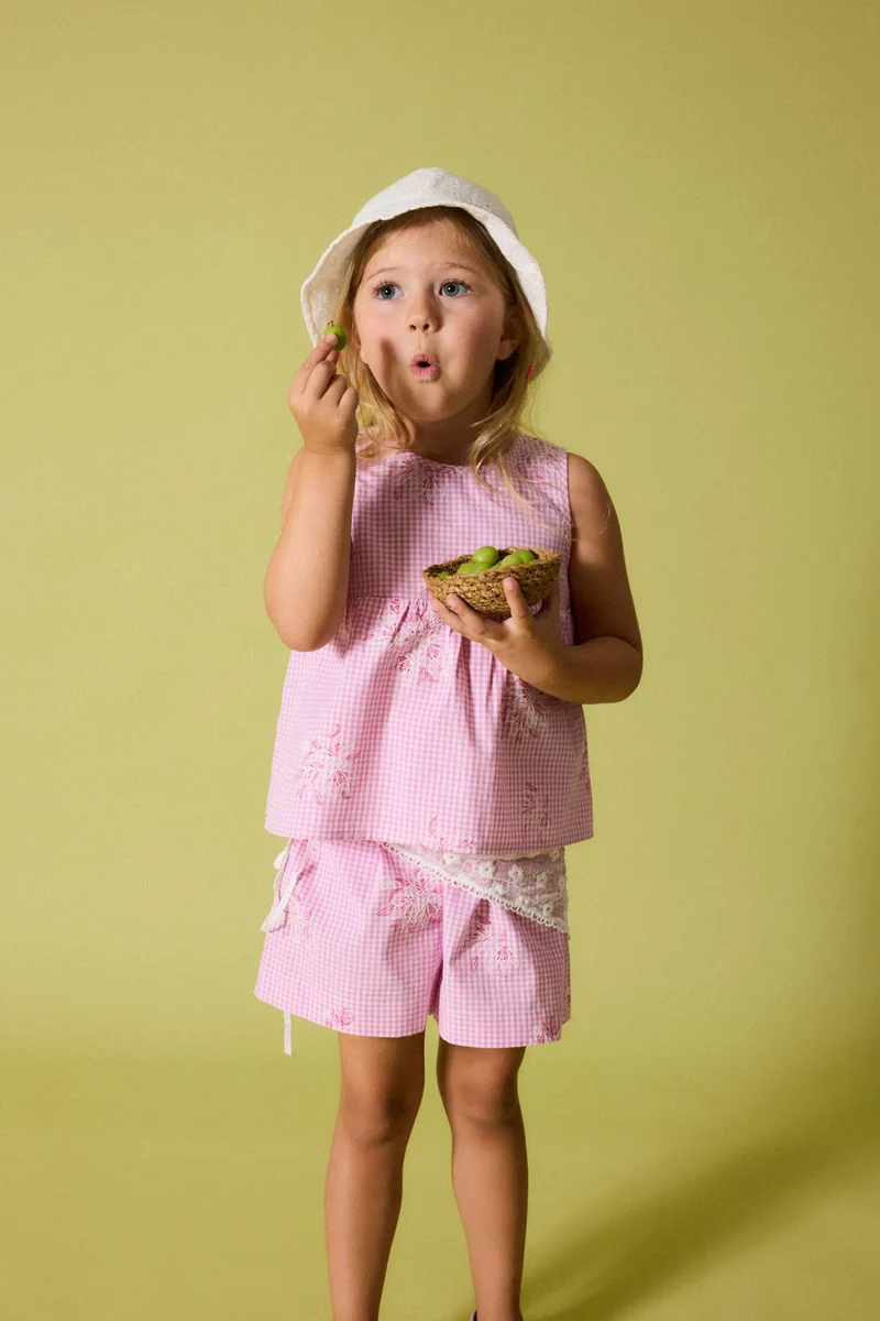 ديفاكتو Baby Girl 100% Cotton Poplin Gingham Floral Elastic Waist Shorts