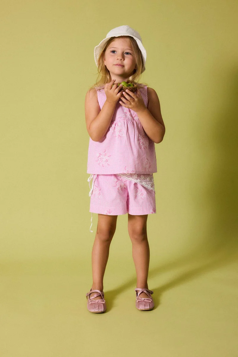 ديفاكتو Baby Girl 100% Cotton Poplin Gingham Floral Elastic Waist Shorts