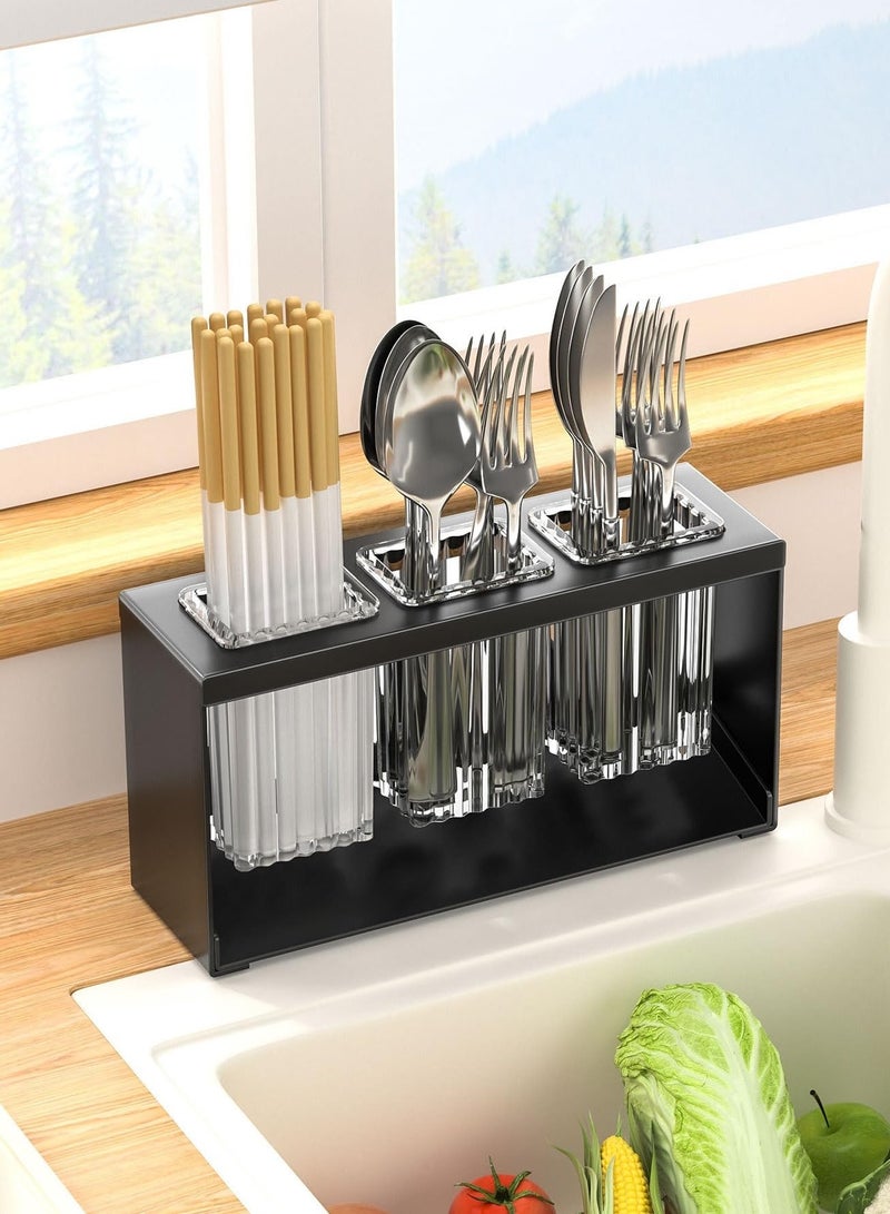 Countertop Cutlery Drying Holder ableware Box Tabletop Separated Tableware Organizer with 3 Cups Bathroom Toothpaste Cosmetic Brush Tooth for Kitchen and Black - Image 1