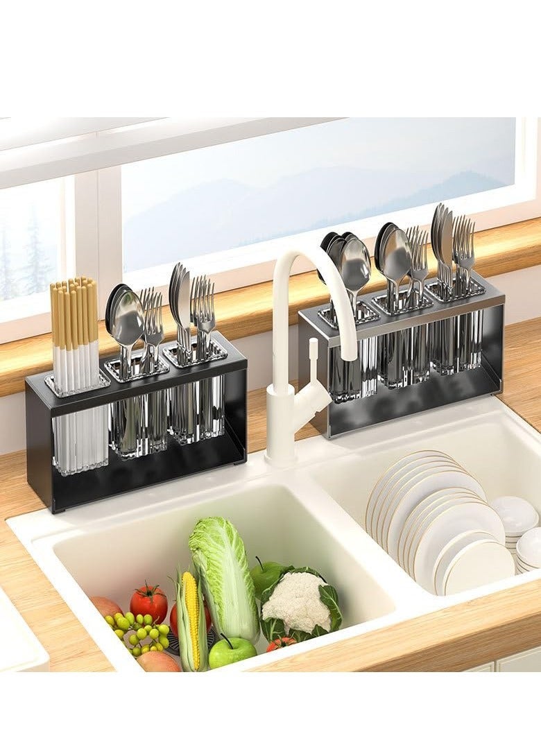 Countertop Cutlery Drying Holder ableware Box Tabletop Separated Tableware Organizer with 3 Cups Bathroom Toothpaste Cosmetic Brush Tooth for Kitchen and Black - Image 4