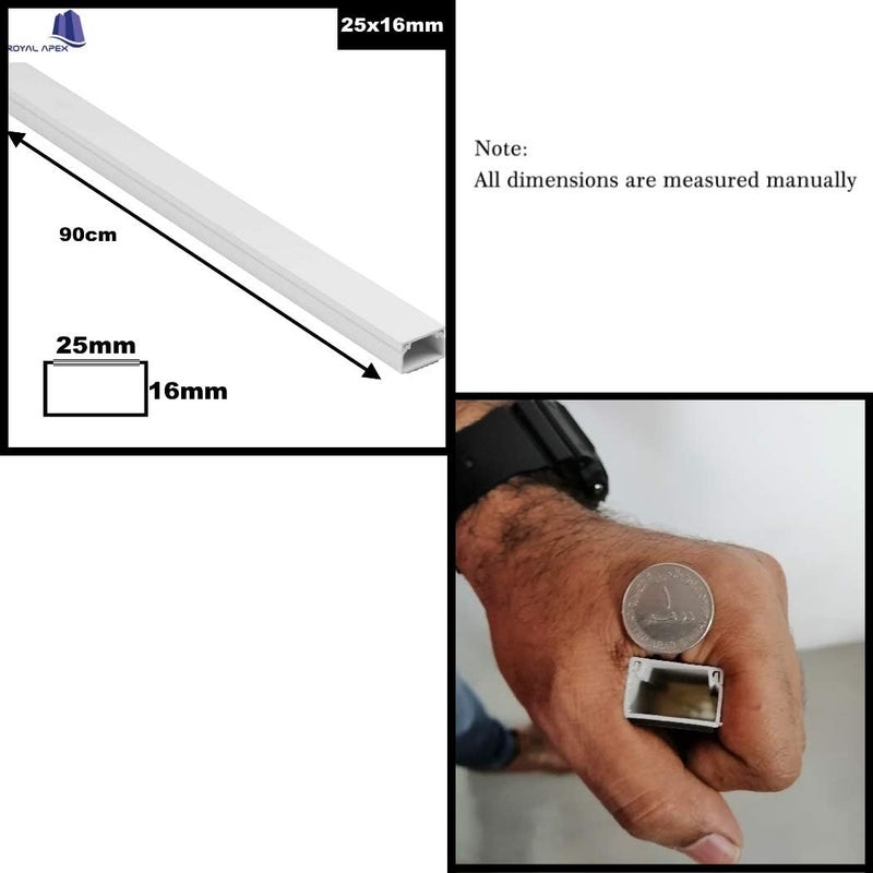 Royal Apex 90cm Square Cable Box Self Adhesive PVC Trunking White Wall Cord Cover Cable Concealer On-Wall Wire Cover Paintable Cable Management Raceway to Hide Wires - Pack of 3 (25x16MM) - Image 2