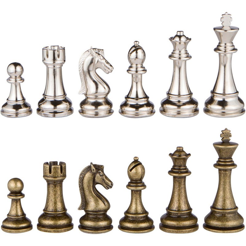 Janus Silver and Bronze Extra Heavy Metal Chess Pieces with 45 Inch King and Extra Queens Pieces Only No Board