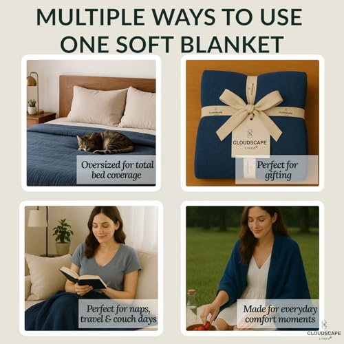 CloudScape Linen Cloud Scape Linen Extra Large 4 Layer Muslin Throw Blanket - 100% Cotton Gauze, Lightweight & Breathable All Season, Pre-Washed, for Couch & Bed, 50x70, Ensign Blue - Image 5
