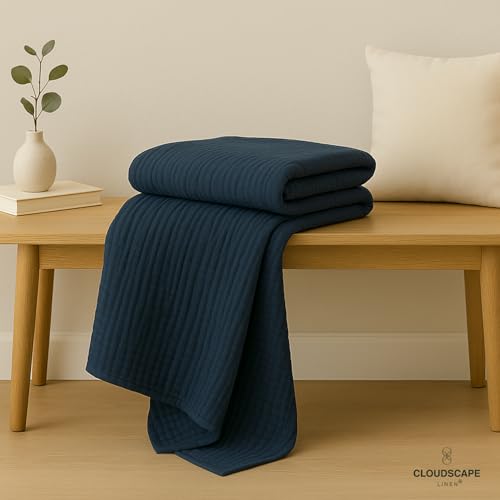 CloudScape Linen Cloud Scape Linen Extra Large 4 Layer Muslin Throw Blanket - 100% Cotton Gauze, Lightweight & Breathable All Season, Pre-Washed, for Couch & Bed, 50x70, Ensign Blue - Image 2