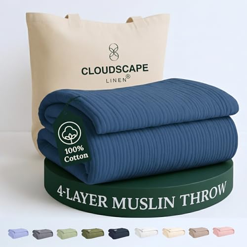 CloudScape Linen Cloud Scape Linen Extra Large 4 Layer Muslin Throw Blanket - 100% Cotton Gauze, Lightweight & Breathable All Season, Pre-Washed, for Couch & Bed, 50x70, Ensign Blue - Image 1