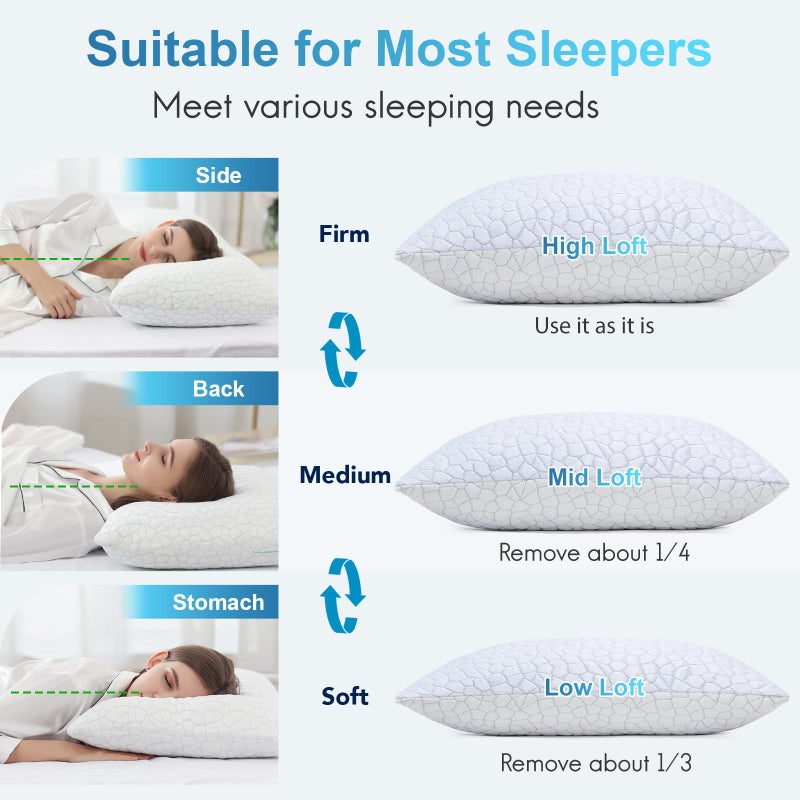 QUTOOL Shredded Memory Foam Pillows for Sleeping Queen Size, Cooling Gel Pillows for Hot Sleepers Adjustable Bed Pillow for Side and Back Sleeper, Breathable, Neck Support, White - Image 4