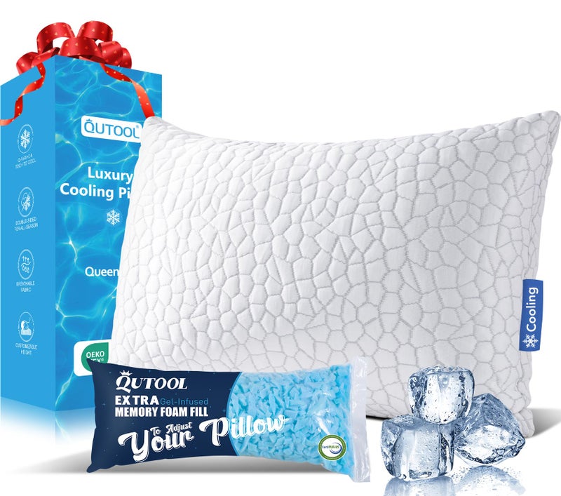 QUTOOL Shredded Memory Foam Pillows for Sleeping Queen Size, Cooling Gel Pillows for Hot Sleepers Adjustable Bed Pillow for Side and Back Sleeper, Breathable, Neck Support, White - Image 1