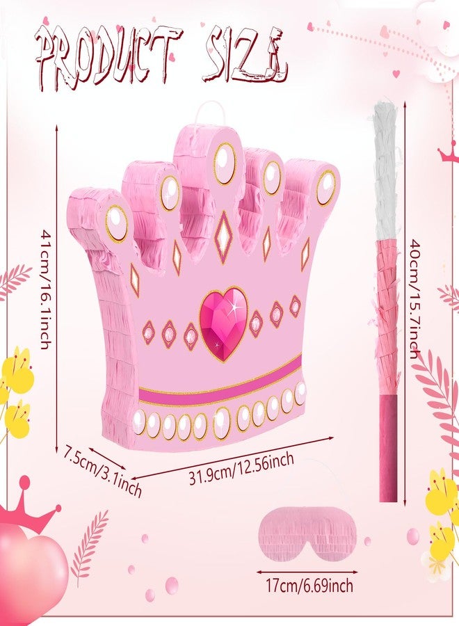 Threan Princess Crown Piñata Bundle Girl Party Game Set Include Pink Crown Piñata Stick Blindfold Mask for Princess Theme Baby Shower Birthday Party Supplies Decoration, 16.1 x 12.6 x 3 Inch - Image 2