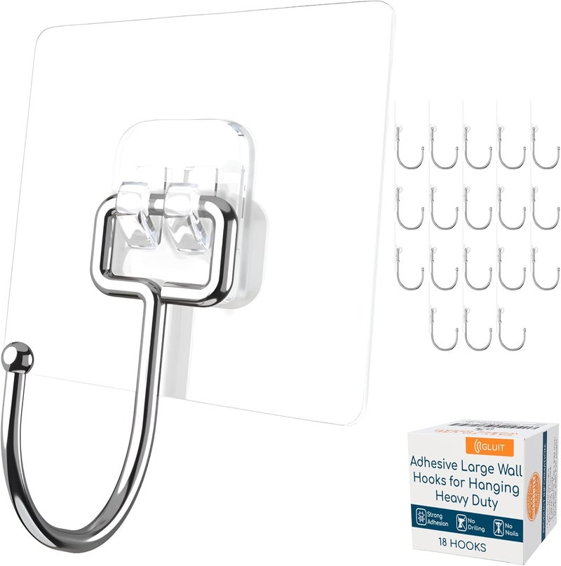 GLUIT Adhesive Large Wall Hooks for Hanging Heavy Duty 22 lbs Hooks for Walls No Damage, Towel Sticky Clear Hooks, Waterproof, Home, Bathroom, Kitchen, Office, and Outdoor, 18 Pack - Image 1