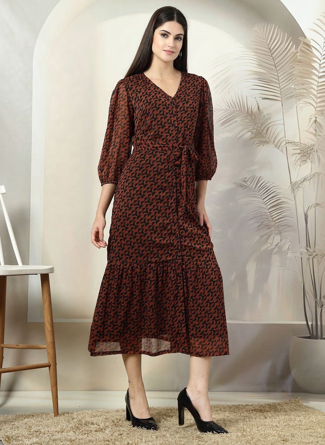 PlusS Maroon Floral Print Maxi Dress for Women - Image 3