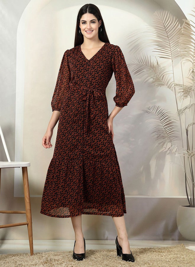 PlusS Maroon Floral Print Maxi Dress for Women - Image 1
