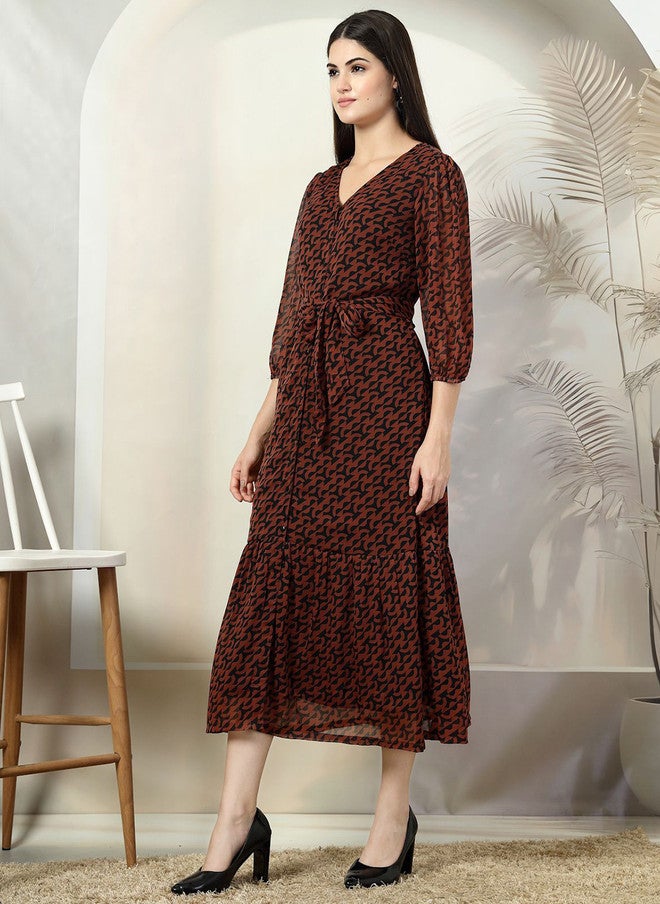 PlusS Maroon Floral Print Maxi Dress for Women - Image 4