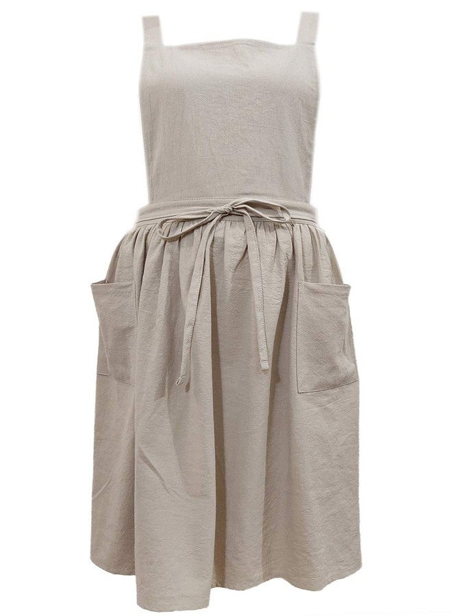 losofar Women Girls Vintage Apron Adjustable Gardening Works Cross Back Cotton/Linen Blend Aprons Pinafore Dress with Two Pockets (beige, one size) - Image 1