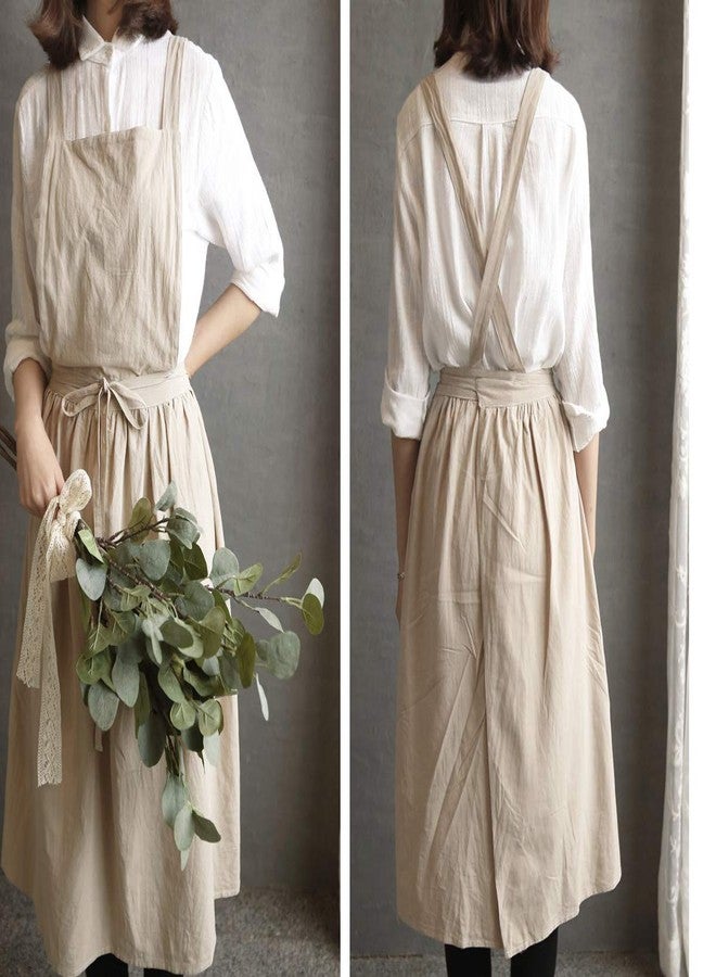 losofar Women Girls Vintage Apron Adjustable Gardening Works Cross Back Cotton/Linen Blend Aprons Pinafore Dress with Two Pockets (beige, one size) - Image 4