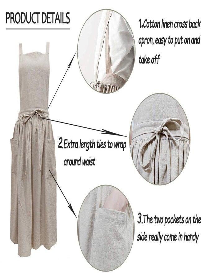 losofar Women Girls Vintage Apron Adjustable Gardening Works Cross Back Cotton/Linen Blend Aprons Pinafore Dress with Two Pockets (beige, one size) - Image 3