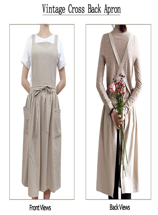 losofar Women Girls Vintage Apron Adjustable Gardening Works Cross Back Cotton/Linen Blend Aprons Pinafore Dress with Two Pockets (beige, one size) - Image 2