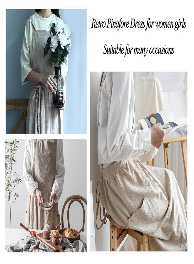 losofar Women Girls Vintage Apron Adjustable Gardening Works Cross Back Cotton/Linen Blend Aprons Pinafore Dress with Two Pockets (beige, one size) - Image 5