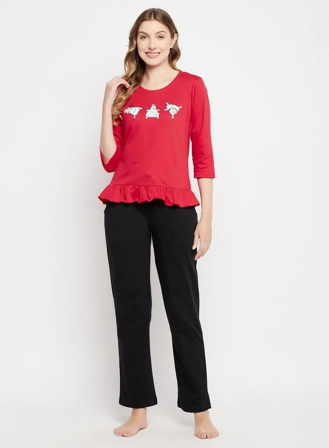 Clovia Clovia Graphic Print Ruffled Hem Top and Pyjama Set
