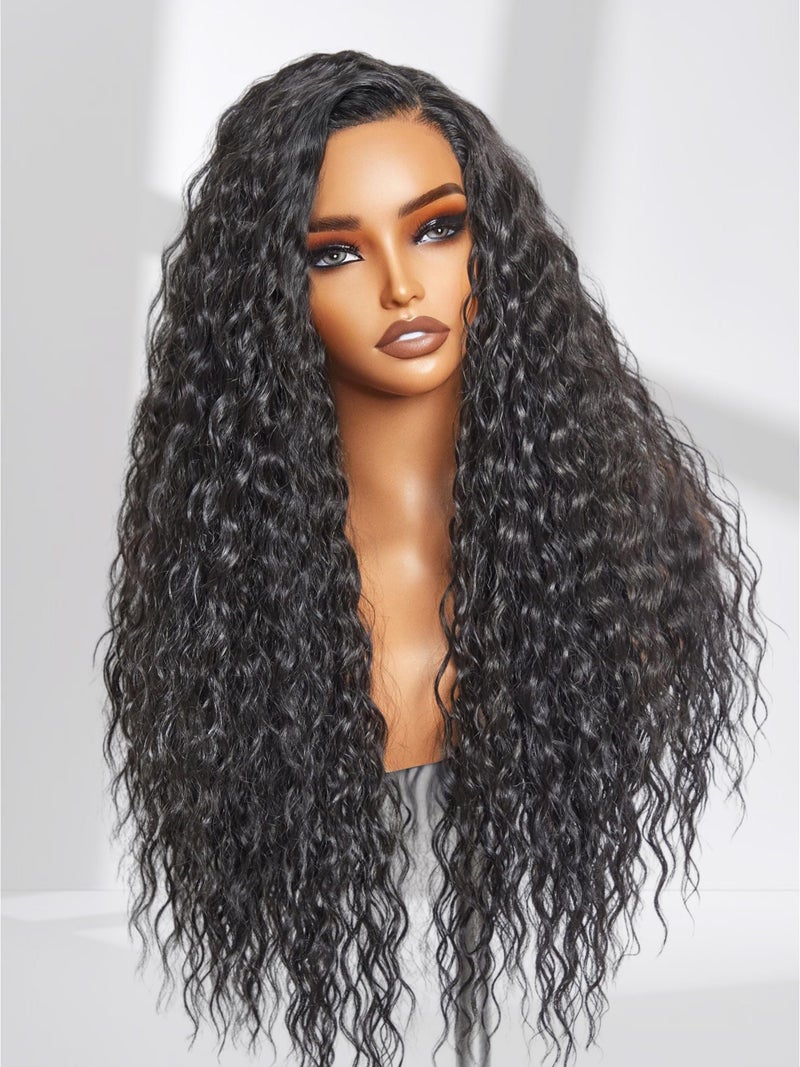 GORGIUS Glueless Water Wave Lace Front Wig Bohemian Synthetic Curly Wig Pre Cut Side Part Closure Wig with Natural Hairline 28 Inch Natural Black Long Wig For Women - Image 2