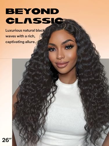 GORGIUS Glueless Water Wave Lace Front Wig Bohemian Synthetic Curly Wig Pre Cut Side Part Closure Wig with Natural Hairline 28 Inch Natural Black Long Wig For Women - Image 3