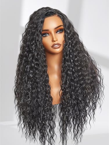 GORGIUS Glueless Water Wave Lace Front Wig Bohemian Synthetic Curly Wig Pre Cut Side Part Closure Wig with Natural Hairline 28 Inch Natural Black Long Wig For Women - Image 1