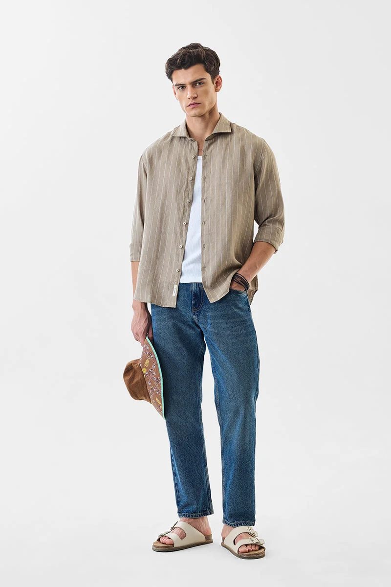 SNITCH Beige Striped Long Sleeve Regular Fit Shirt