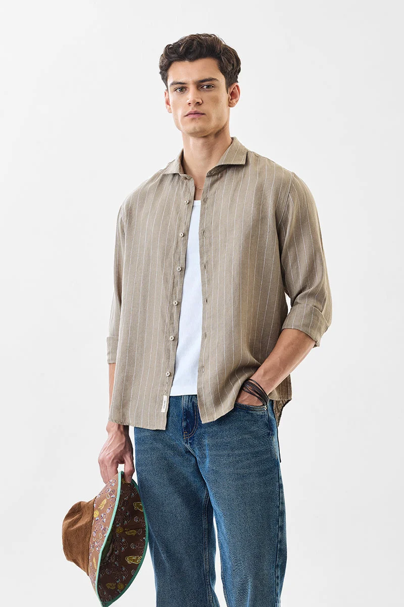SNITCH Beige Striped Long Sleeve Regular Fit Shirt