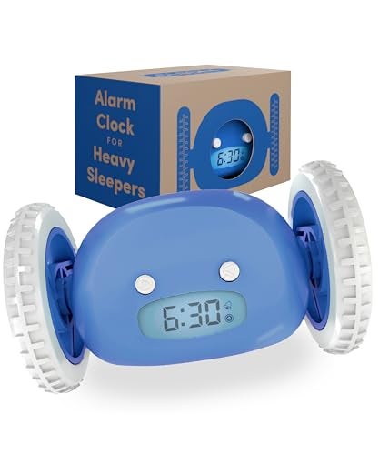CLOCKY Extra Loud Alarm Clock for Heavy Sleepers on Wheels Rolls Runs Away Vibrating Easy to Set Super Smart Snooze Digital Bed Shaker Alarm Clock Funny Gift for Adults Kids Teens Bedrooms Blue