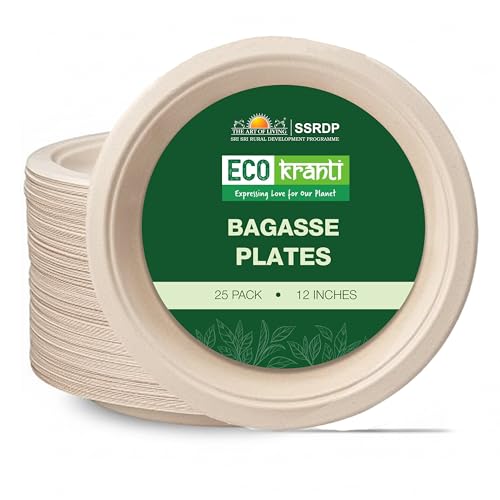 ECO kranti – 12 Inch Bagasse Disposable Plates | Pack of 25 | Eco-Friendly, Biodegradable & Compostable | 100% Natural Plant-Based | Long Lasting Plates for Birthday, Wedding, Party & All Events - Image 1