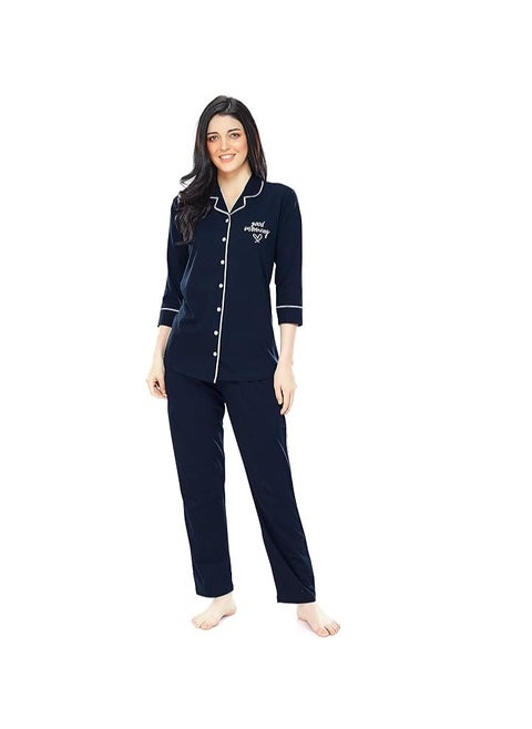 Women's Cotton Solid Plain Relaxed Night Suit Set Of Shirt & Pyjama
