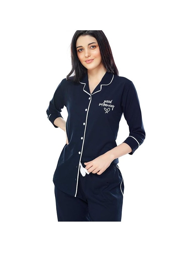 Accessorize Kingdom - Women's Cotton Solid Plain Relaxed Night Suit Set Of Shirt & Pyjama - Image 1