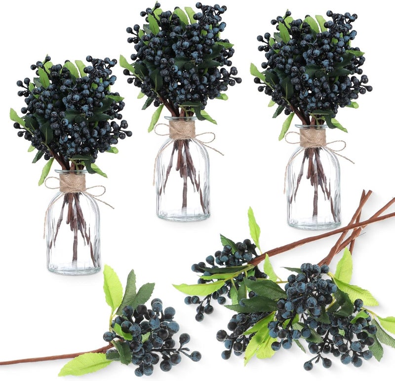 Luckam 6 Pcs Artificial Blueberry Stem, Faux Blue Berry Branch with Green Leaves 9.8 Inch Fake Flowers for Home Kitchen Wedding DIY Bridal Bouquet Party Decoration - Image 1