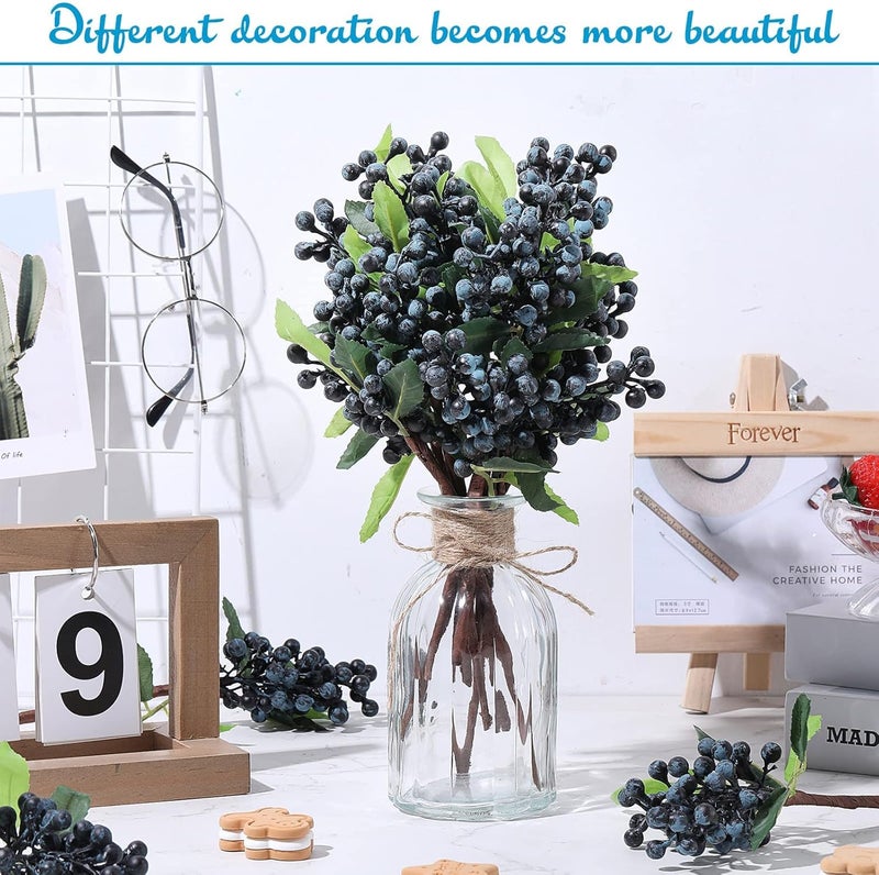 Luckam 6 Pcs Artificial Blueberry Stem, Faux Blue Berry Branch with Green Leaves 9.8 Inch Fake Flowers for Home Kitchen Wedding DIY Bridal Bouquet Party Decoration - Image 4