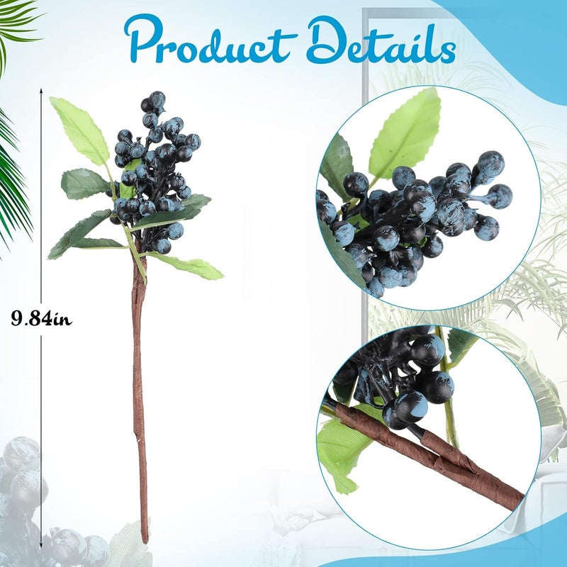 Luckam 6 Pcs Artificial Blueberry Stem, Faux Blue Berry Branch with Green Leaves 9.8 Inch Fake Flowers for Home Kitchen Wedding DIY Bridal Bouquet Party Decoration - Image 2