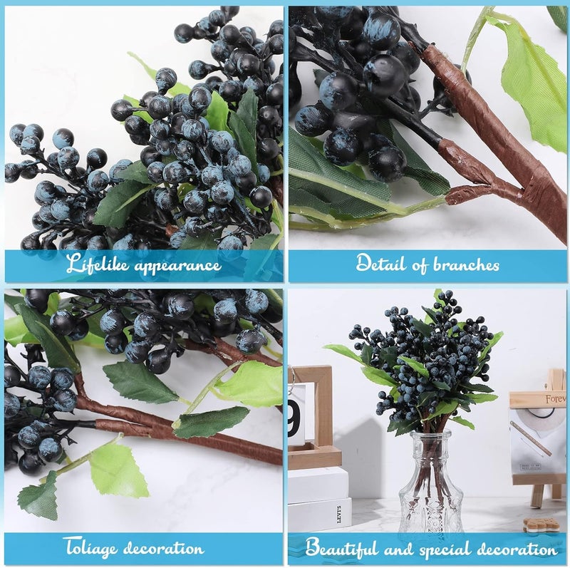 Luckam 6 Pcs Artificial Blueberry Stem, Faux Blue Berry Branch with Green Leaves 9.8 Inch Fake Flowers for Home Kitchen Wedding DIY Bridal Bouquet Party Decoration - Image 3