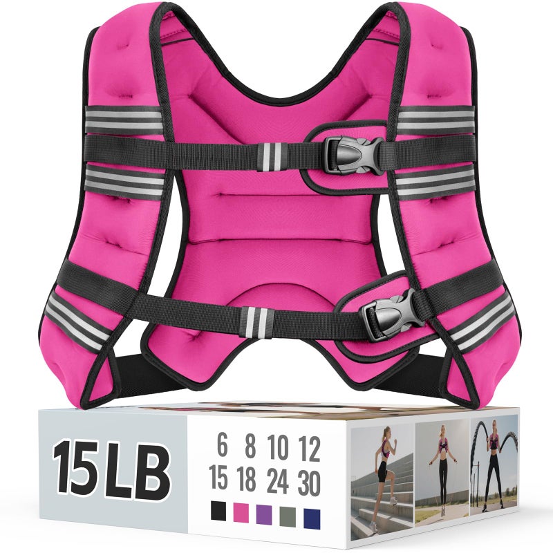 Zeerun Weighted Vest for Women & Men with Reflective Stripe and Adjustable Buckle, Comfortable & Durable Rucking Vest for Walking, Running & Strength Training, 15LBS-Pink - Image 1