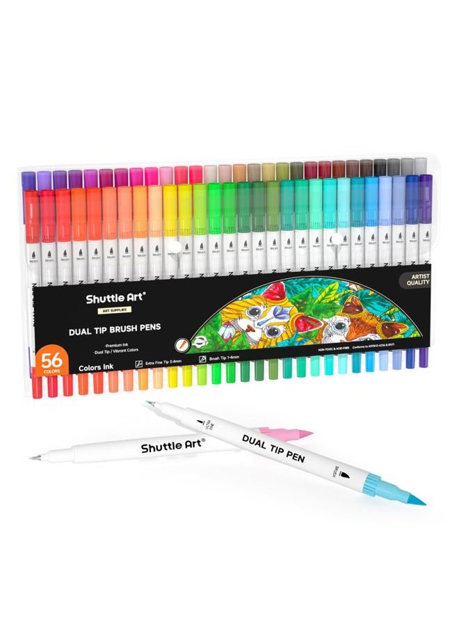 Shuttle Art Brush Pens, 56 Colors Dual Tip Brush Art Marker Pen with Brush and Felt Tip, Coloring Pens Set for Journal, Adult Coloring, Lettering, Calligraphy, Writing, Doodling by Shuttle Art - Image 1