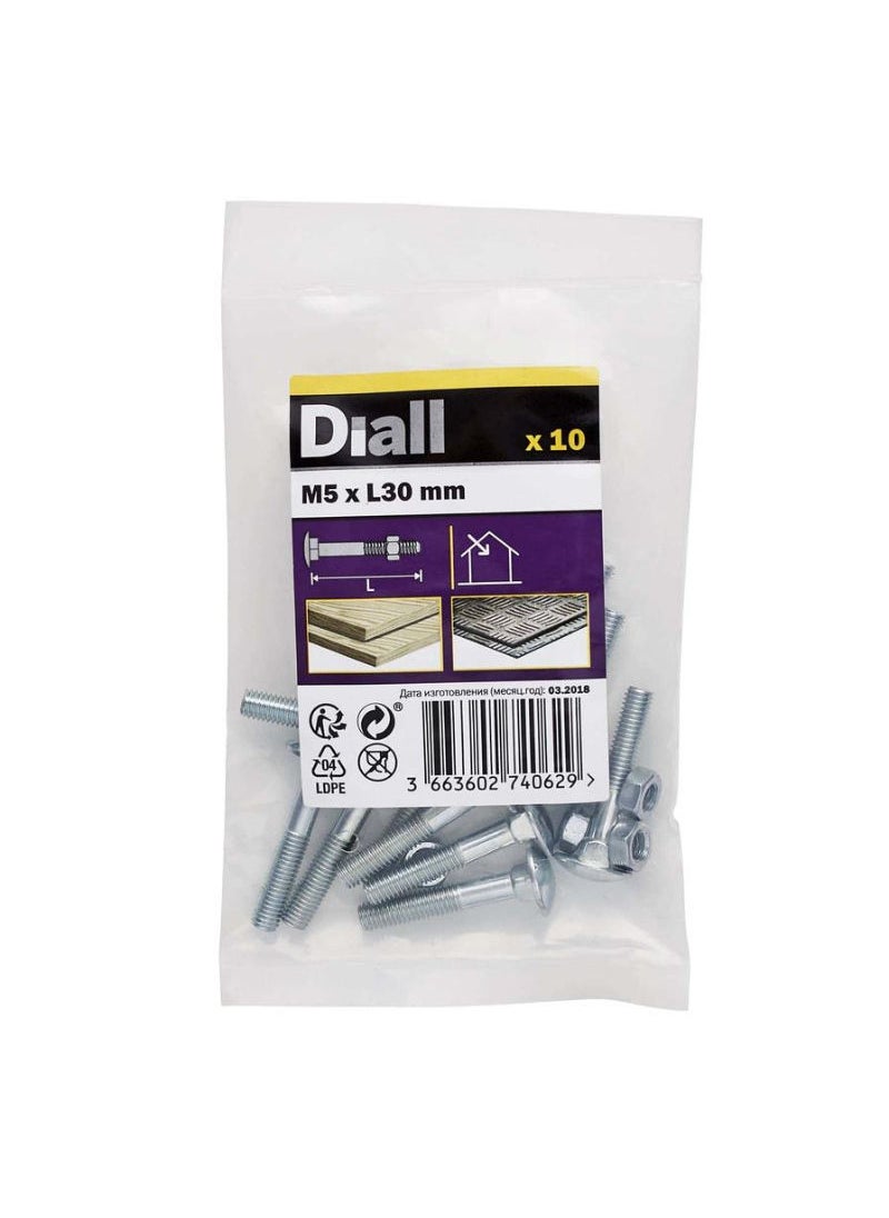 ACE Diall Zinc-Plated Carbon Steel Square Coach Nut And Bolt Pack M5 x 30mm 10Pcs 