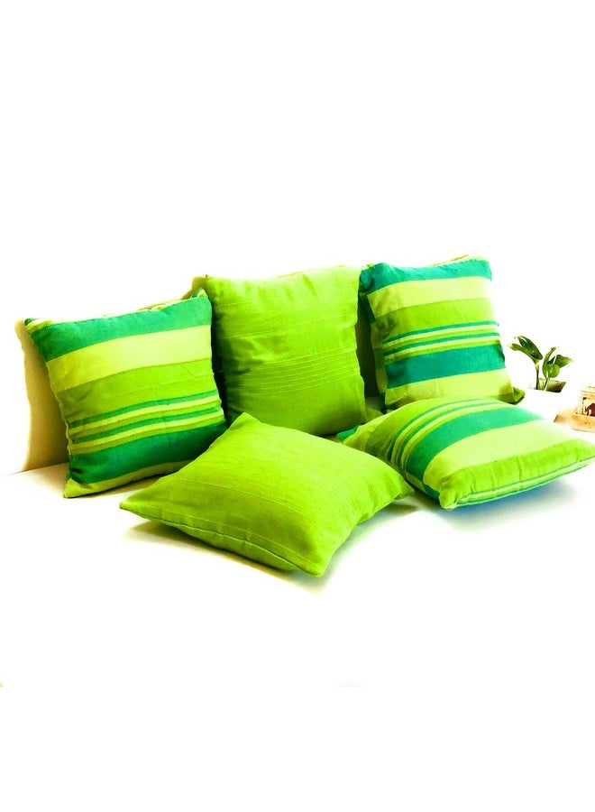 RANGBHAR Handloom Cotton 220 TC Cushion Covers With Concealed Top Zip, Striped/Solid Cushion Covers For Living Room, 16 X 16 Inch, Green, Pack Of 5 - Image 2