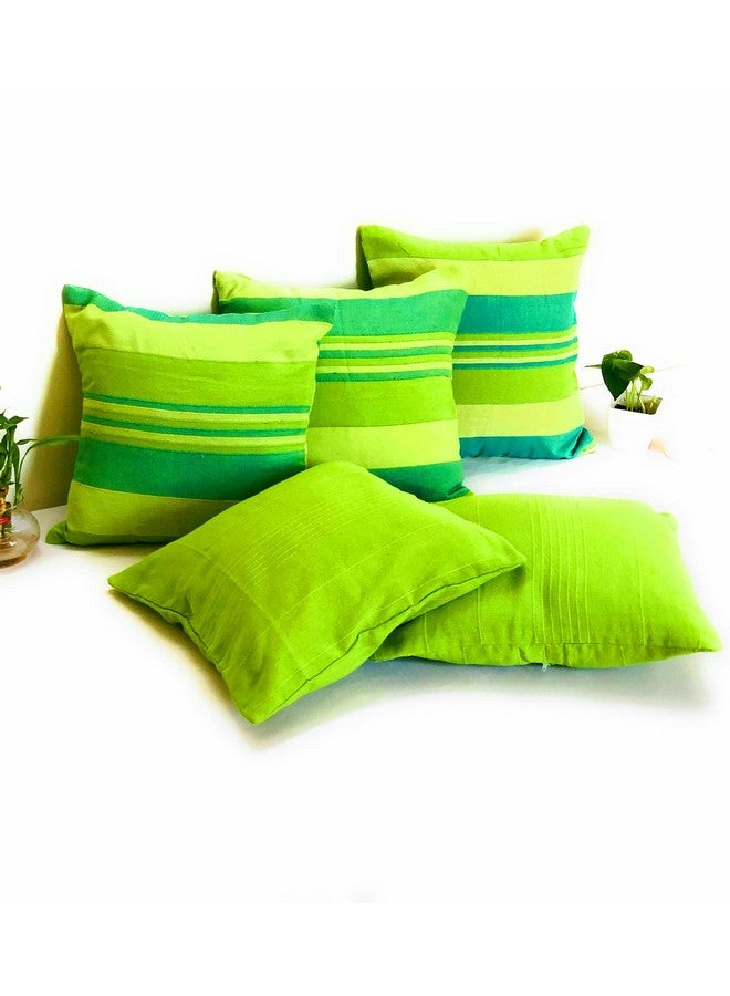 RANGBHAR Handloom Cotton 220 TC Cushion Covers With Concealed Top Zip, Striped/Solid Cushion Covers For Living Room, 16 X 16 Inch, Green, Pack Of 5 - Image 3