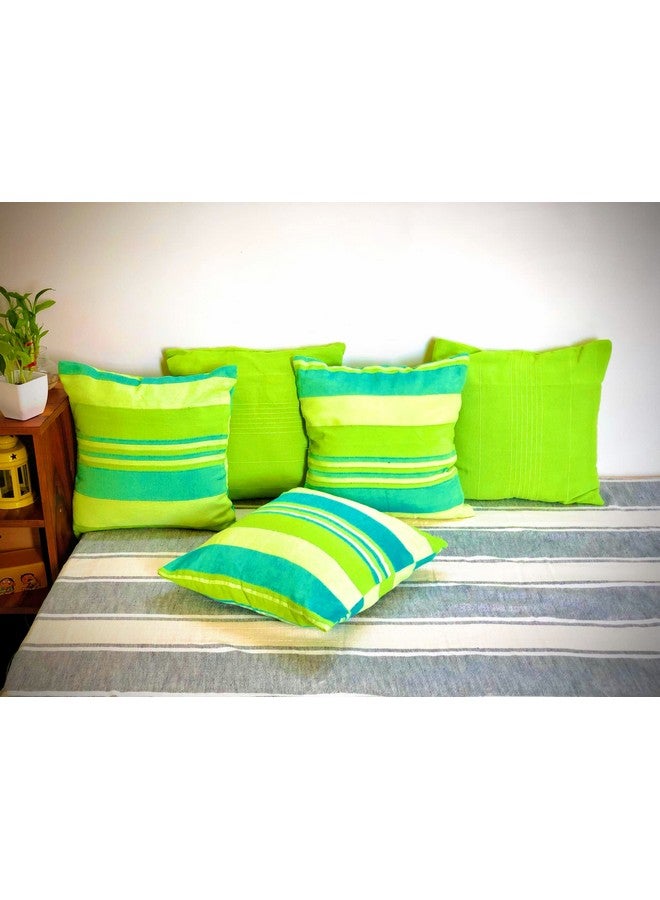 RANGBHAR Handloom Cotton 220 TC Cushion Covers With Concealed Top Zip, Striped/Solid Cushion Covers For Living Room, 16 X 16 Inch, Green, Pack Of 5 - Image 1