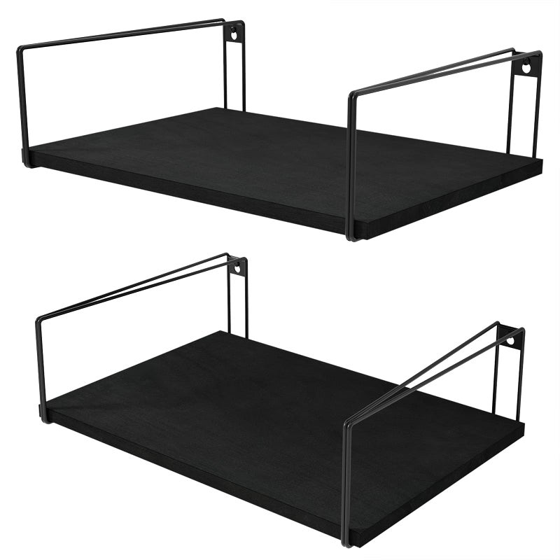 SRIWATANA Wide Floating Shelves Rustic Wood Wall Shelves Set of 2 Wall Mounted Shelves with Large Capacity for Many Rooms Decor Black