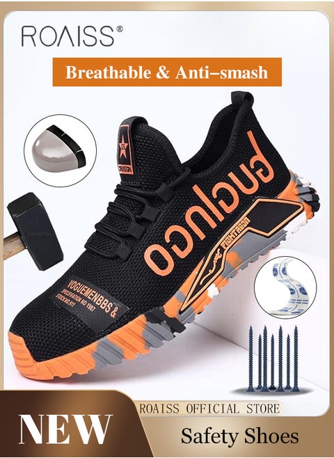 Stylish Labor Protection Shoes for Men Fly Woven Steel Toe Work Safety Shoes Anti Slip Wearresistant Thick Sole Sneakers Moisture Absorbent Breathable Non Stuffy Sports Shoes Colorblock Sneakers