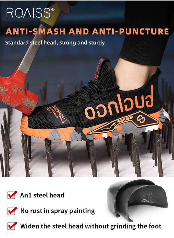 Stylish Labor Protection Shoes for Men Fly Woven Steel Toe Work Safety Shoes Anti Slip Wearresistant Thick Sole Sneakers Moisture Absorbent Breathable Non Stuffy Sports Shoes Colorblock Sneakers