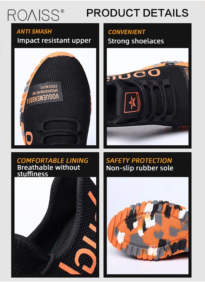 Stylish Labor Protection Shoes for Men Fly Woven Steel Toe Work Safety Shoes Anti Slip Wearresistant Thick Sole Sneakers Moisture Absorbent Breathable Non Stuffy Sports Shoes Colorblock Sneakers